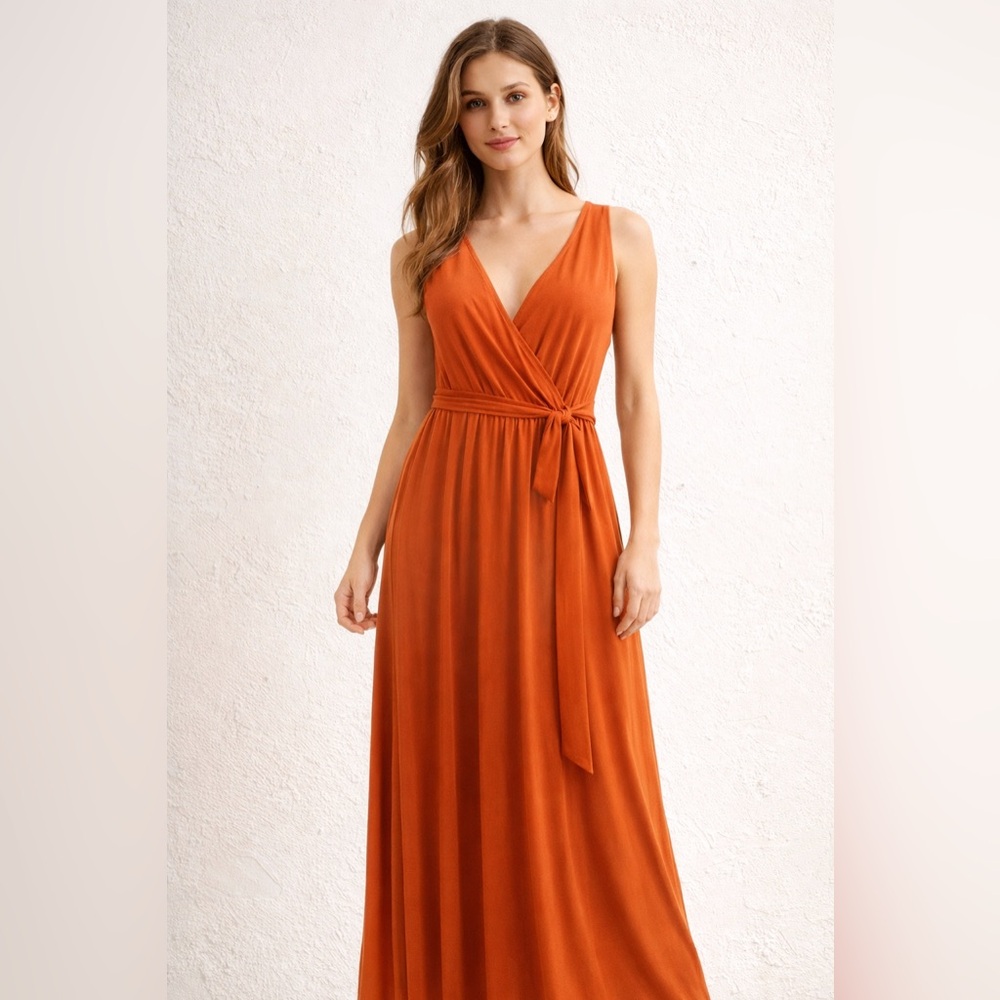 Mia Joy Audrey Paprika Maxi Dress Medium Wrap Tie Waist Burnt Orange NWT